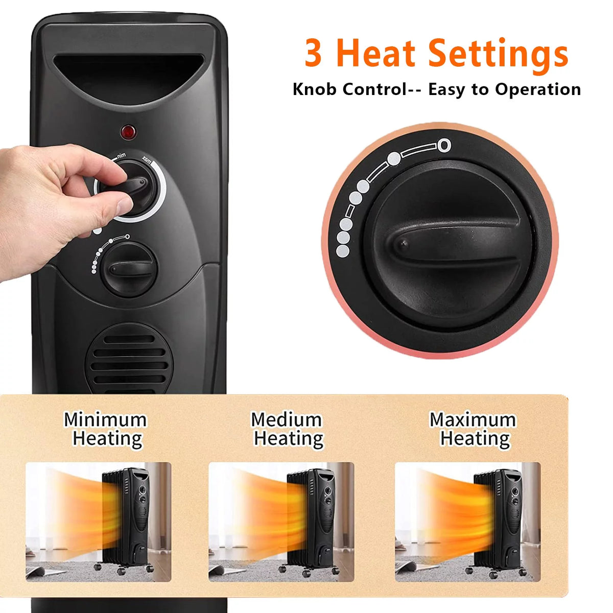 Oil Filled Radiator Heater with 3 Heat Settings, Adjustable Thermostat, Overheat & Tip-Over Protection (Black) H3136