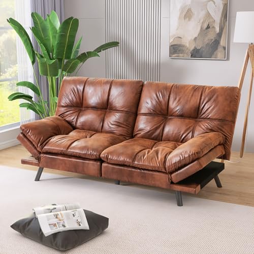 Vintage Brown Faux Leather Convertible Futon Sofa Bed T790