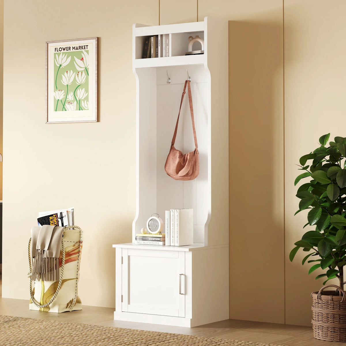 White Slim Hall Tree with Cabinet & 6 Hanging Hooks Storage Bench with Coat Rack C618869