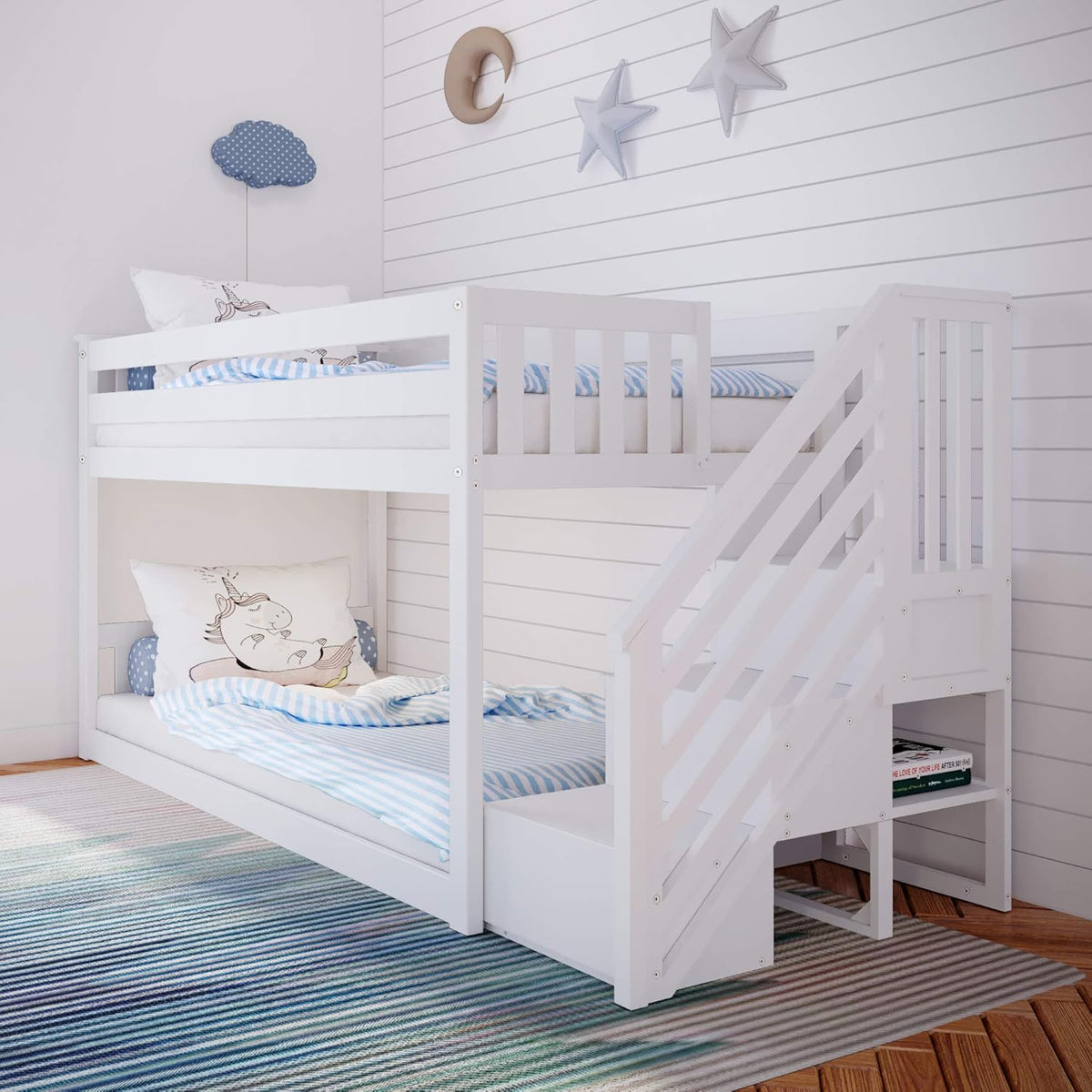 White Twin Low Bunk Bed with Staircase R8231