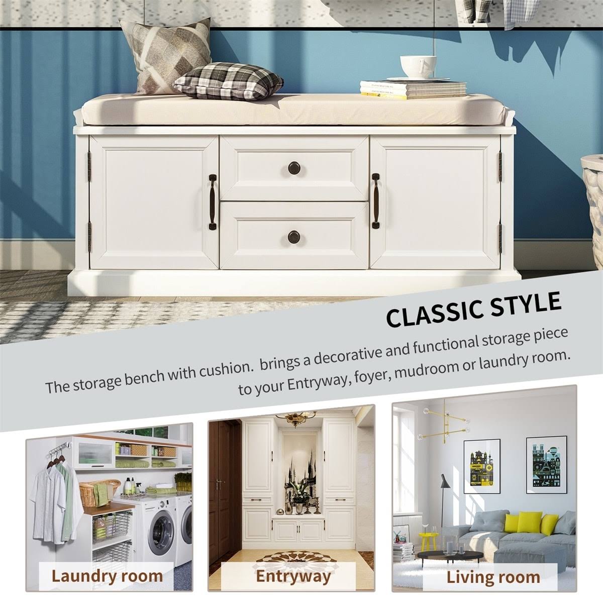 White Storage Bench with 2 Drawers and 2 Cabinets I474401