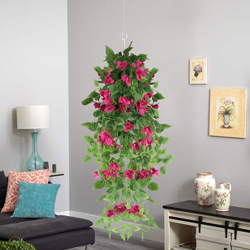 2pcs Artificial Bougainvillea Hanging Flowers 40" Faux Silk Bougainvillea Flower Vines (Rose Red) J563109