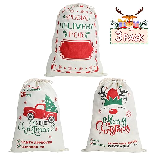 3Pack Christmas Santa Burlap Sacks with Drawstring 26" x 19" Large F5081