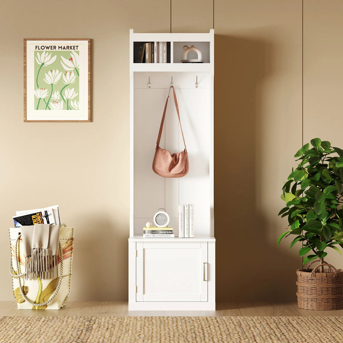 White Slim Hall Tree with Cabinet & 6 Hanging Hooks Storage Bench with Coat Rack C618869