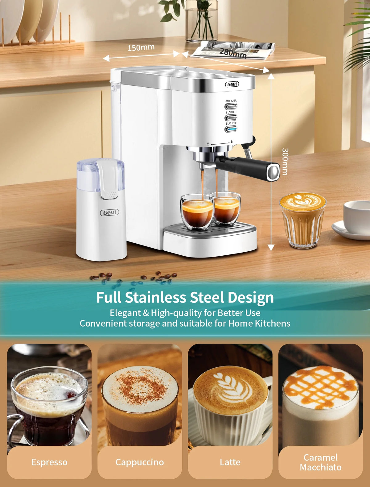 White 20 Bar Automatic Espresso Coffee Maker with Milk Frother Wand U68173
