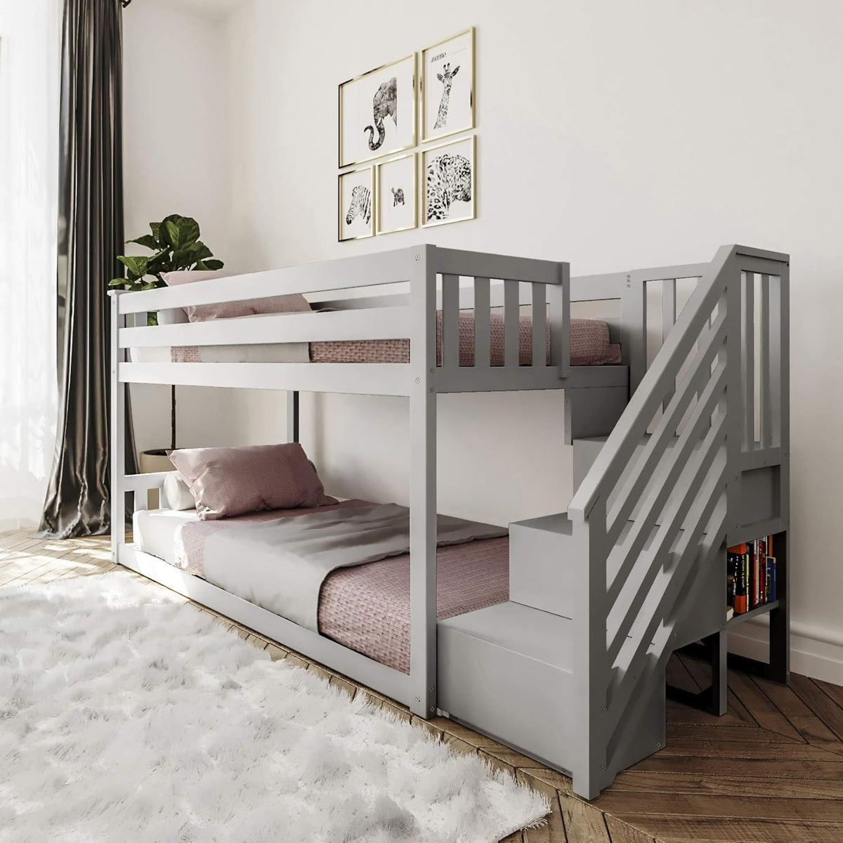 White Twin Low Bunk Bed with Staircase R8231