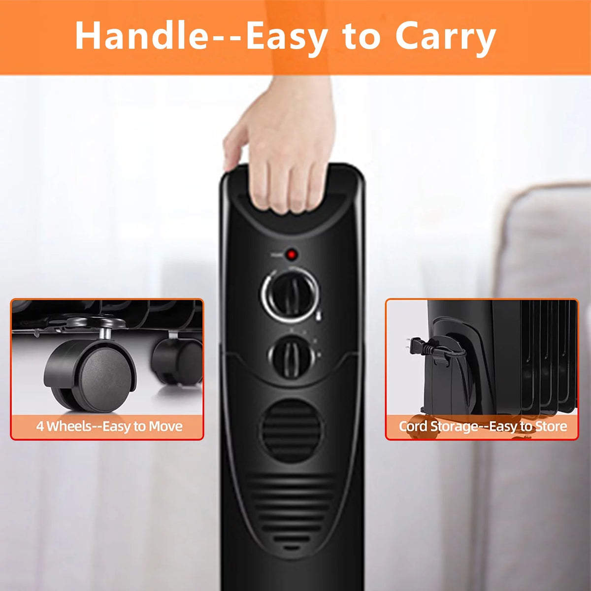Oil Filled Radiator Heater with 3 Heat Settings, Adjustable Thermostat, Overheat & Tip-Over Protection (Black) H3136