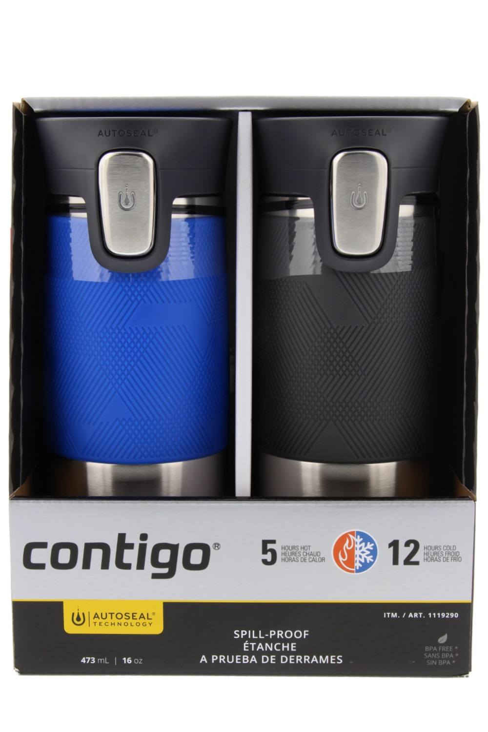 16oz Stainless Steel Spill-Proof Travel Mug, Blue & Gray (2 Pack) Y394