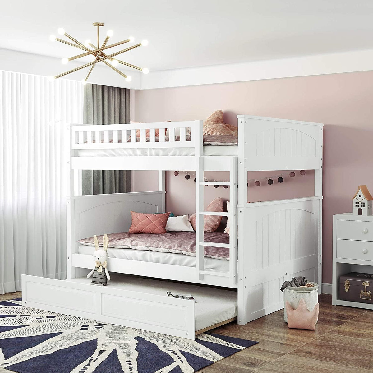 White Solid Wood Twin Over Twin Bunk Bed with Storage Staircase, Slide, and Two Drawers F494
