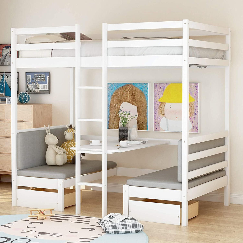 White Solid Wood Twin Over Twin Bunk Bed with Storage Staircase, Slide, and Two Drawers F494
