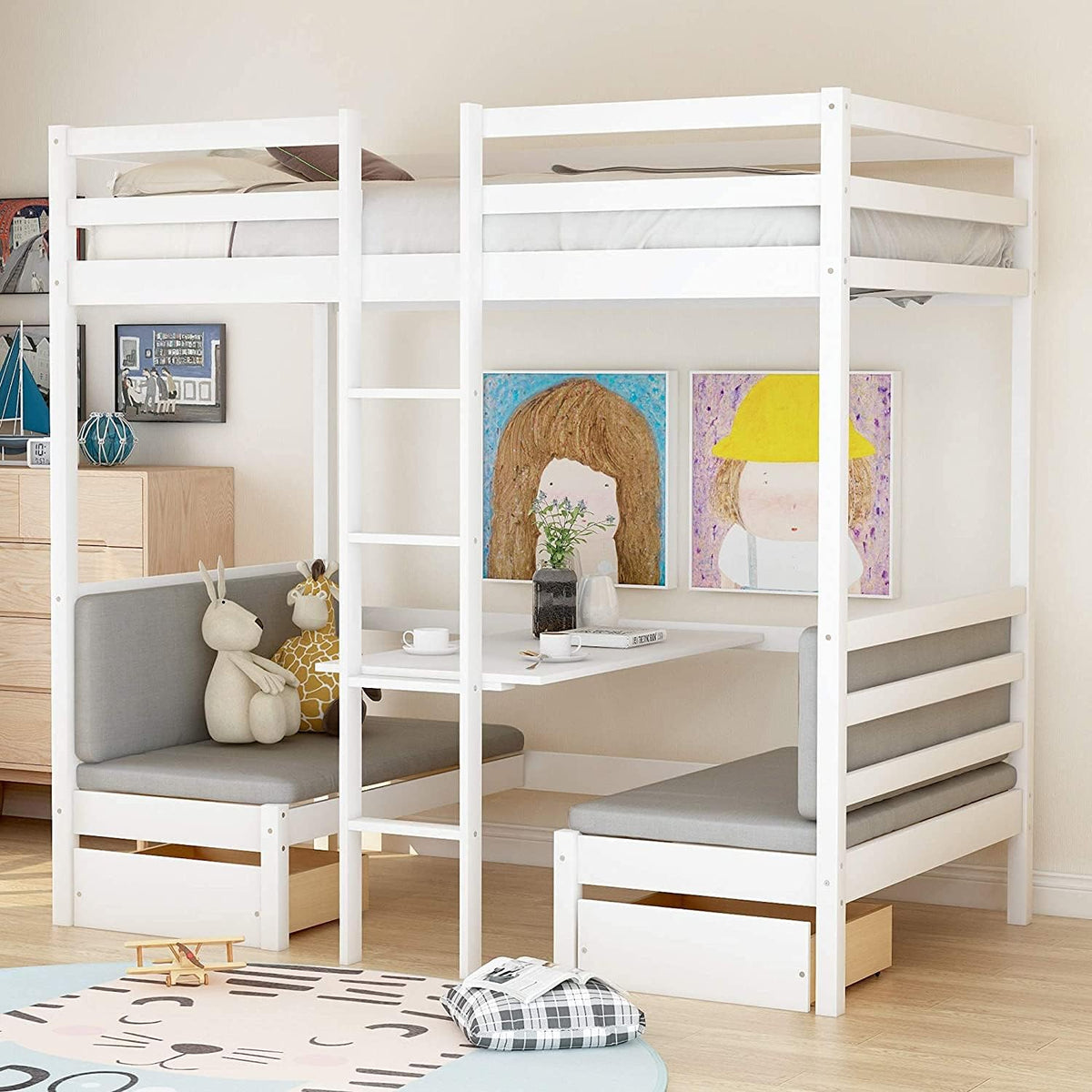 White Solid Wood Twin Over Twin Bunk Bed with Storage Staircase, Slide, and Two Drawers F494