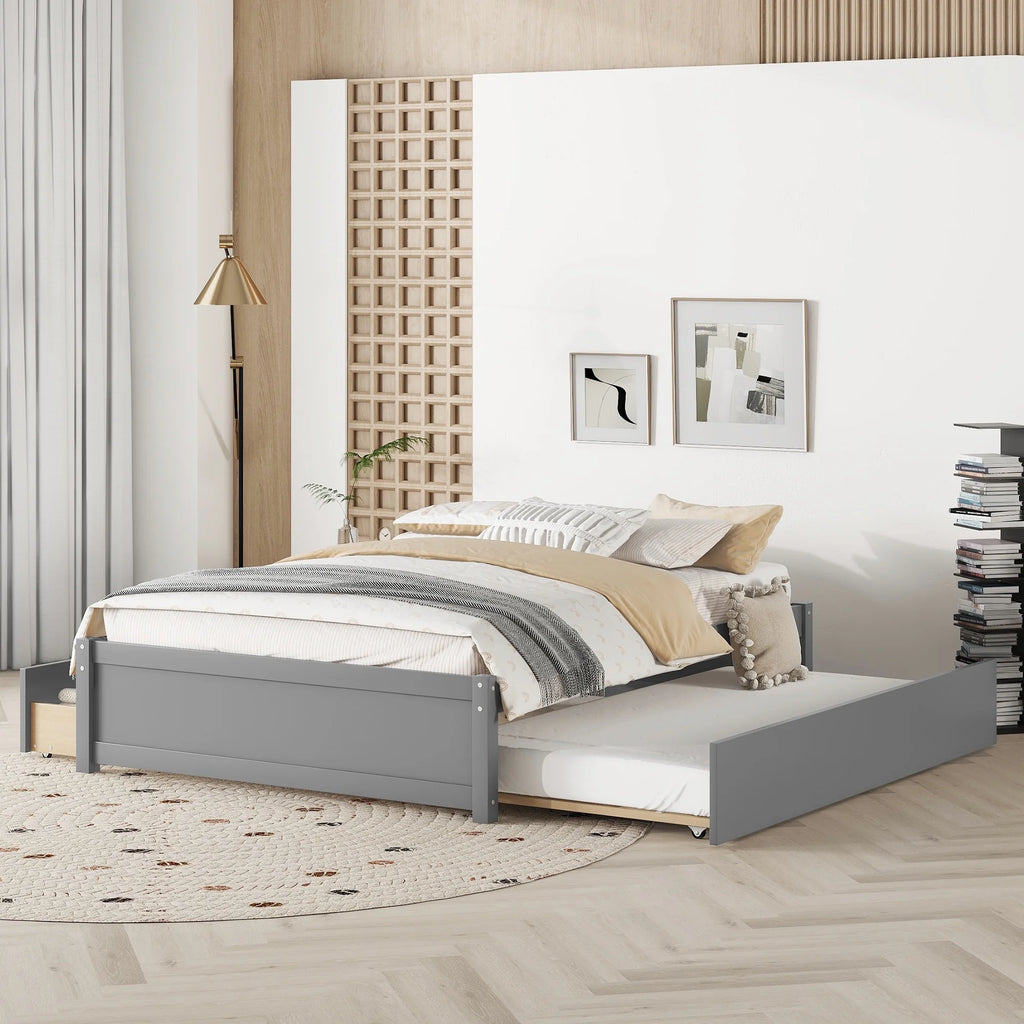 Beige Queen Size Upholstered Platform Bed Frame with Wooden Slats W627893