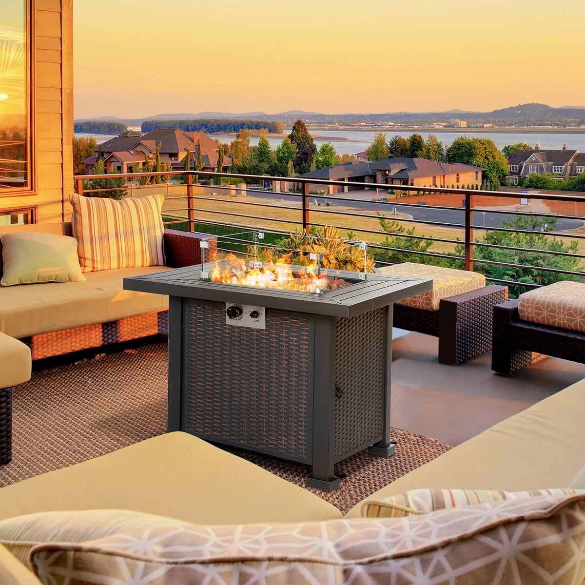 34 Inch Outdoor Propane Gas Fire Pit Table with Glass Wind Guard, Lid, Lava Rocks, Steel Base R24425