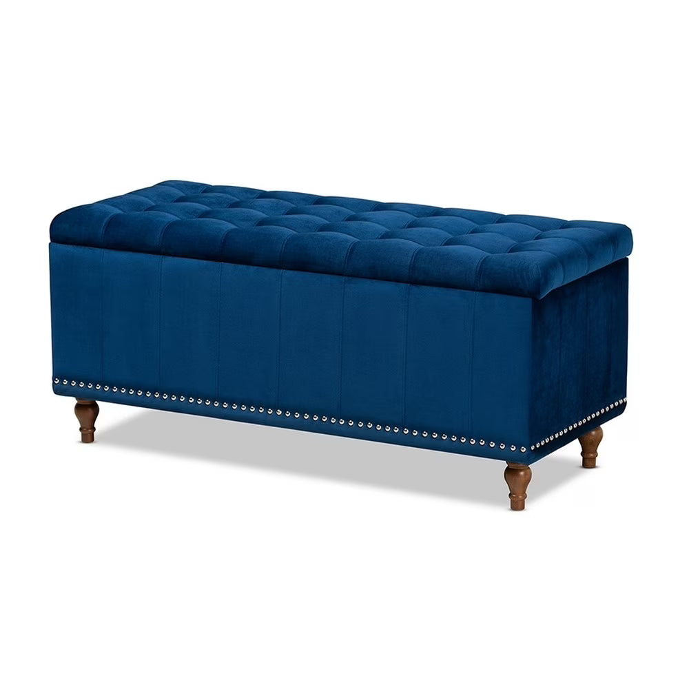 Navy Blue Velvet Button-Tufted Storage Ottoman Bench T5681