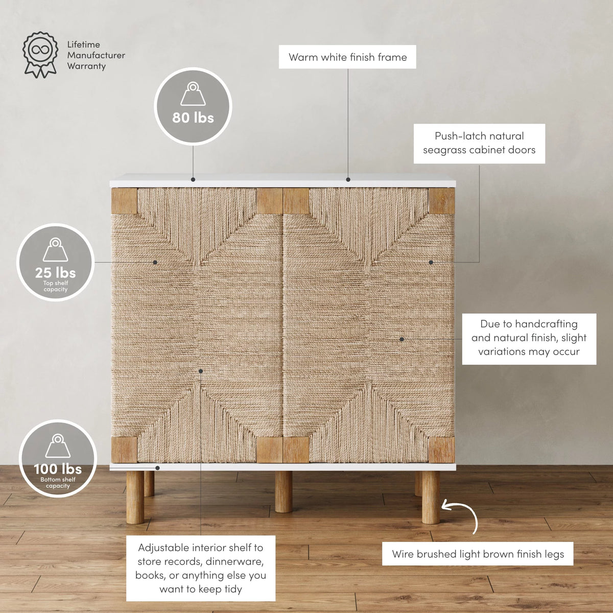 Natural Storage Cabinet with Adjustable Shelf and Seagrass Doors U449