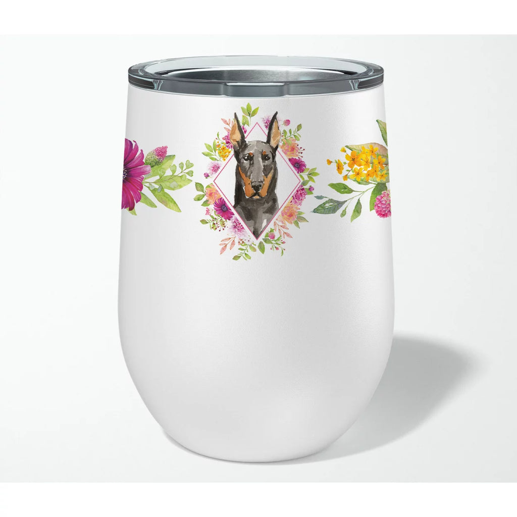 Doberman Pinsher Pink Flowers Stainless Steel 12 oz Stemless Wine Glass S915