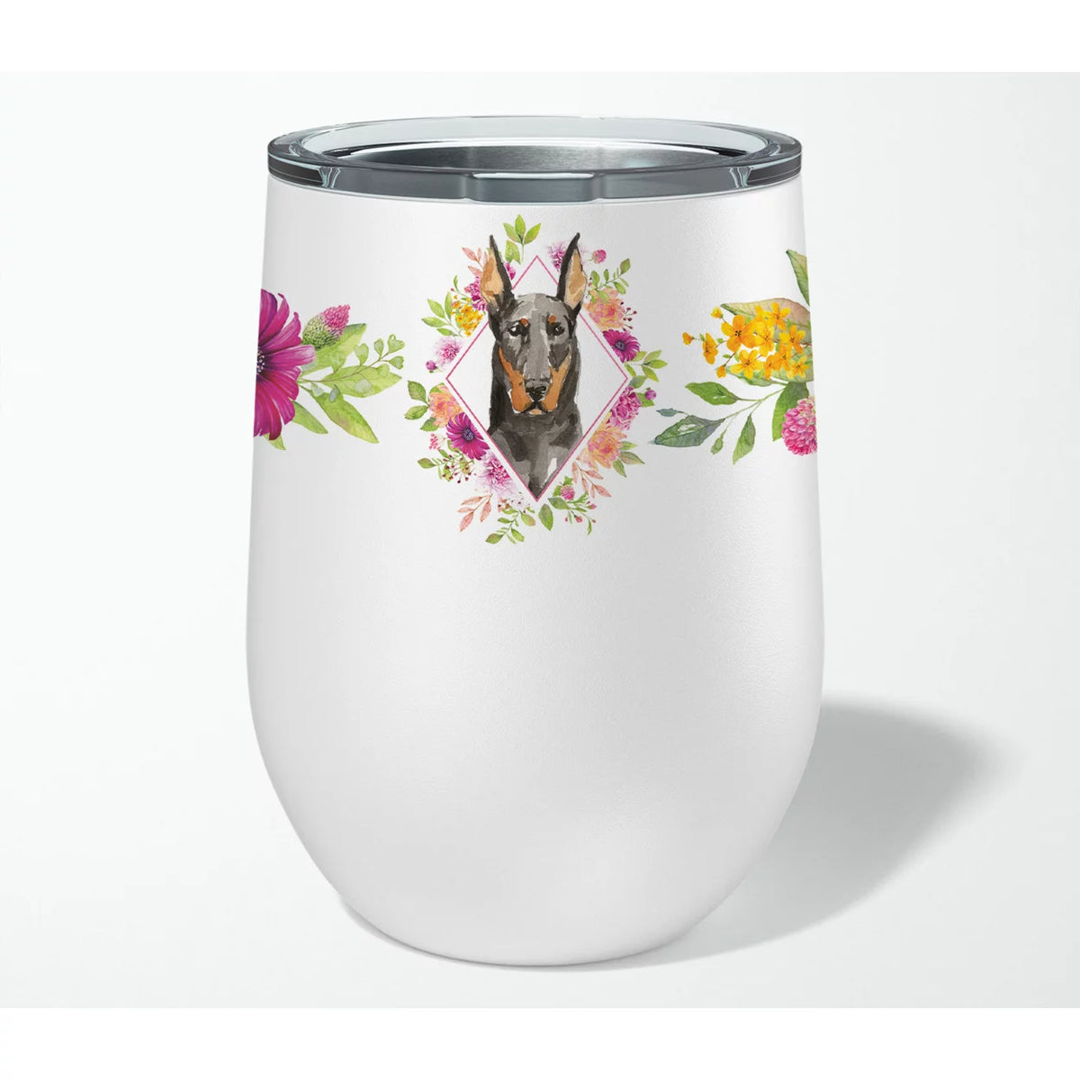Doberman Pinsher Pink Flowers Stainless Steel 12 oz Stemless Wine Glass S915