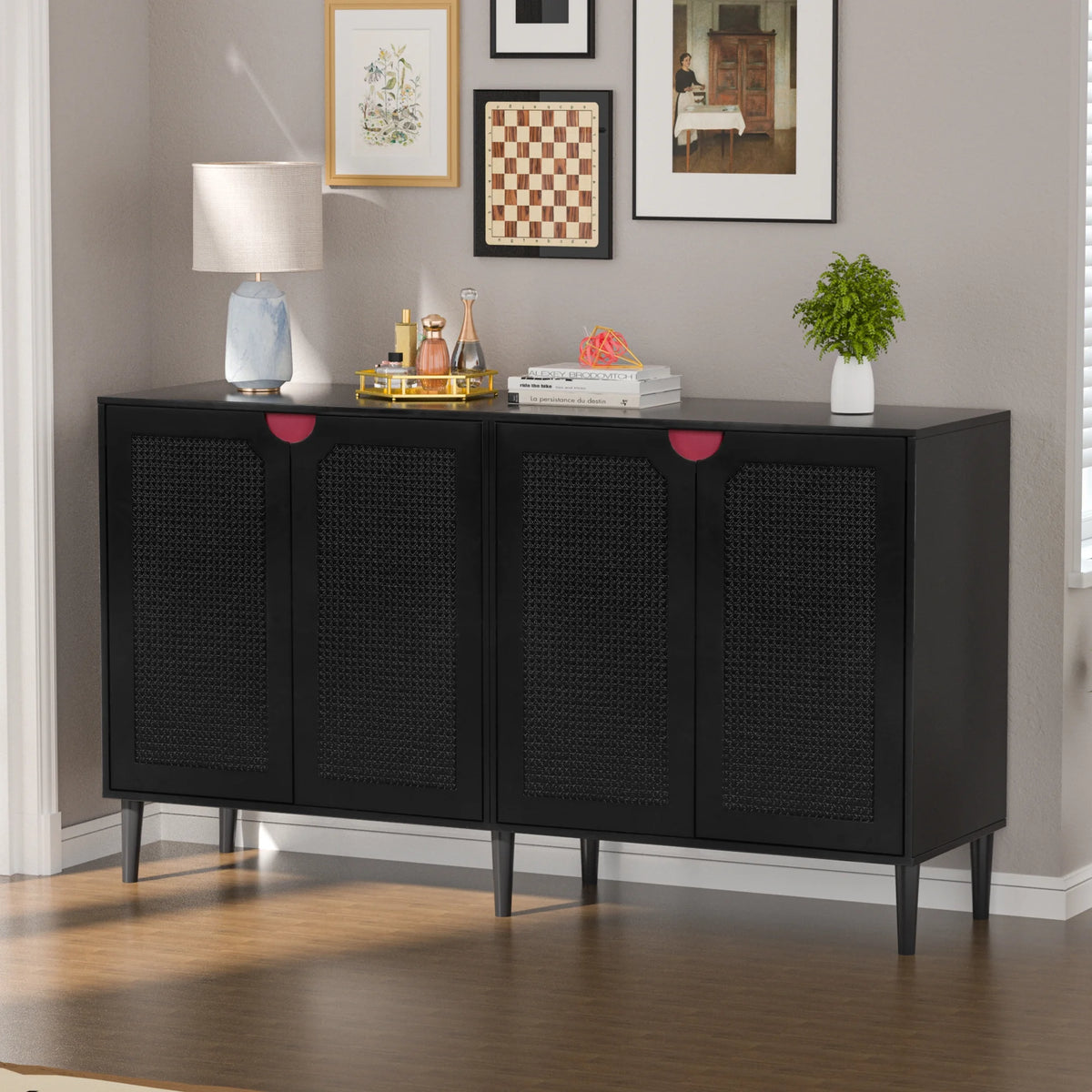 Black Rattan Storage Cabinet with 4 Doors B4595