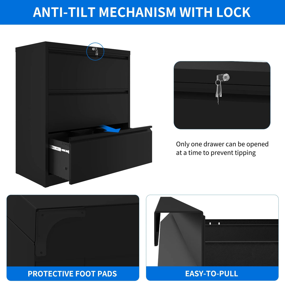 3 Drawer Black Metal Lateral File Cabinet with Lock E4633