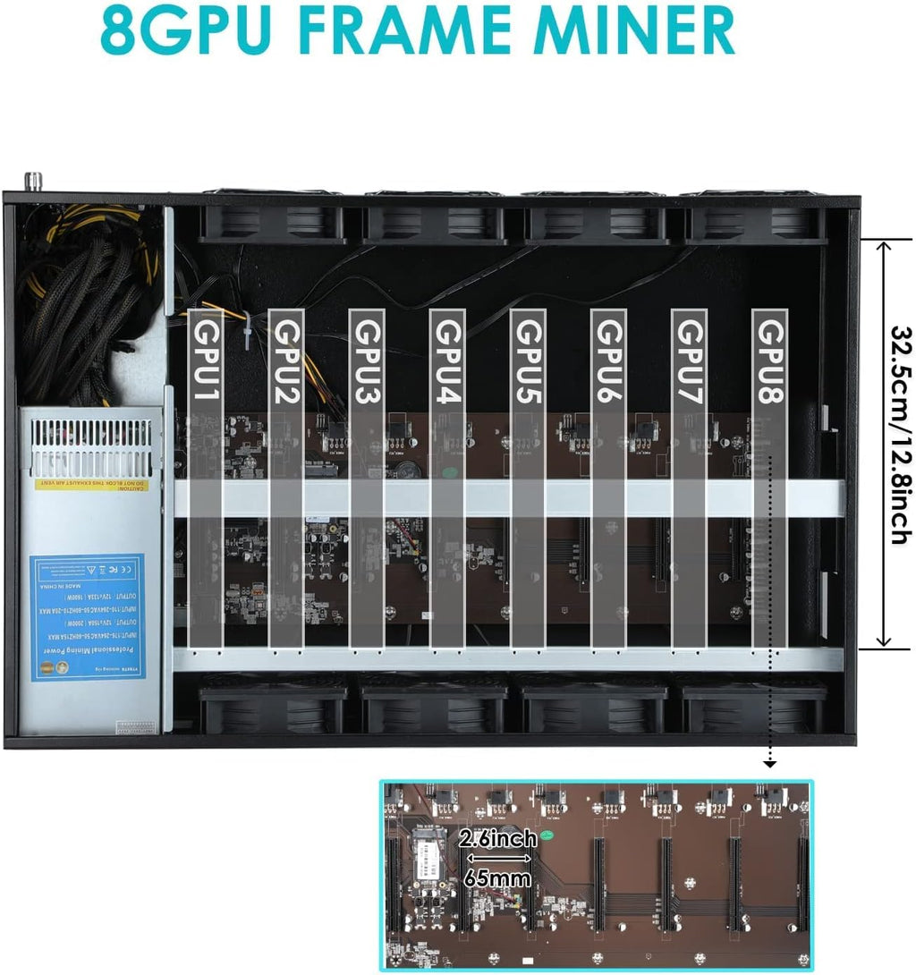 8 GPU Mining Rig Frame Case with 2000W Power Supply and 8 Cooling Fans O4327