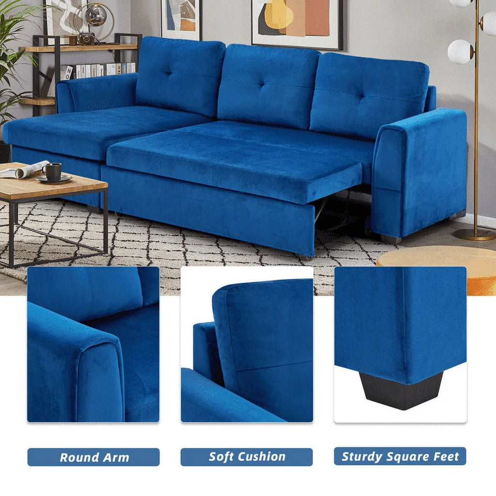 Blue Flannel L-Shaped Sleeper Sofa with Storage Ottoman Y273558