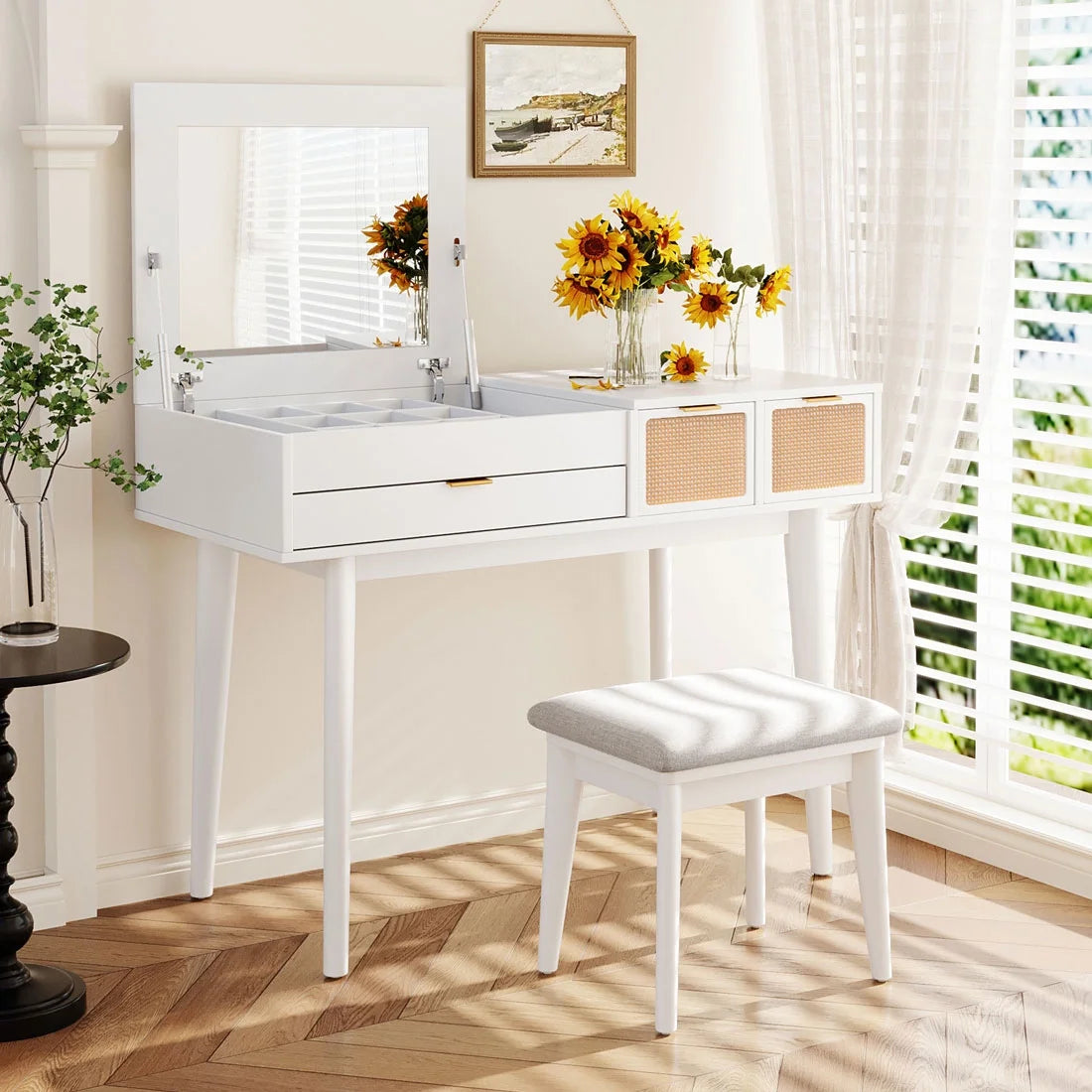 43.3" Wood Makeup Vanity Set with Flip-top Mirror and Stool Q5834