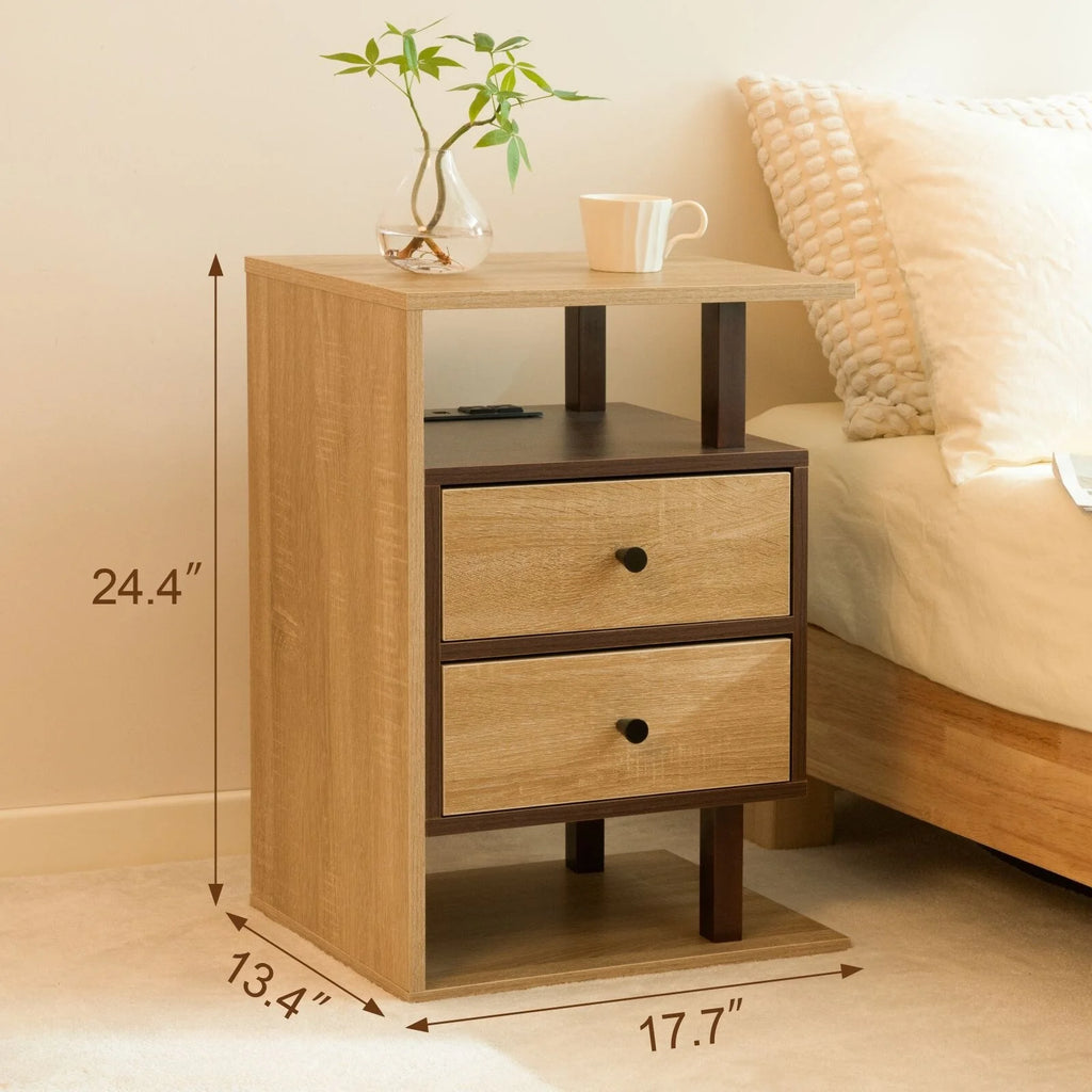 Nightstand with Charging Station 2 Drawers Bed Side Table Y82951