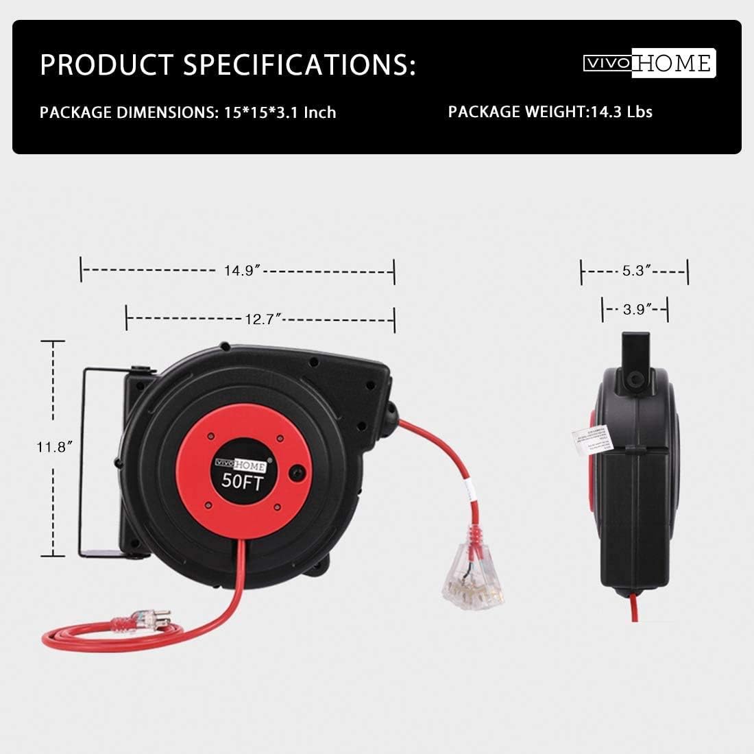 50 Feet Retractable Extension Cord Reel with Swivel Bracket and LED Light Connector K55258
