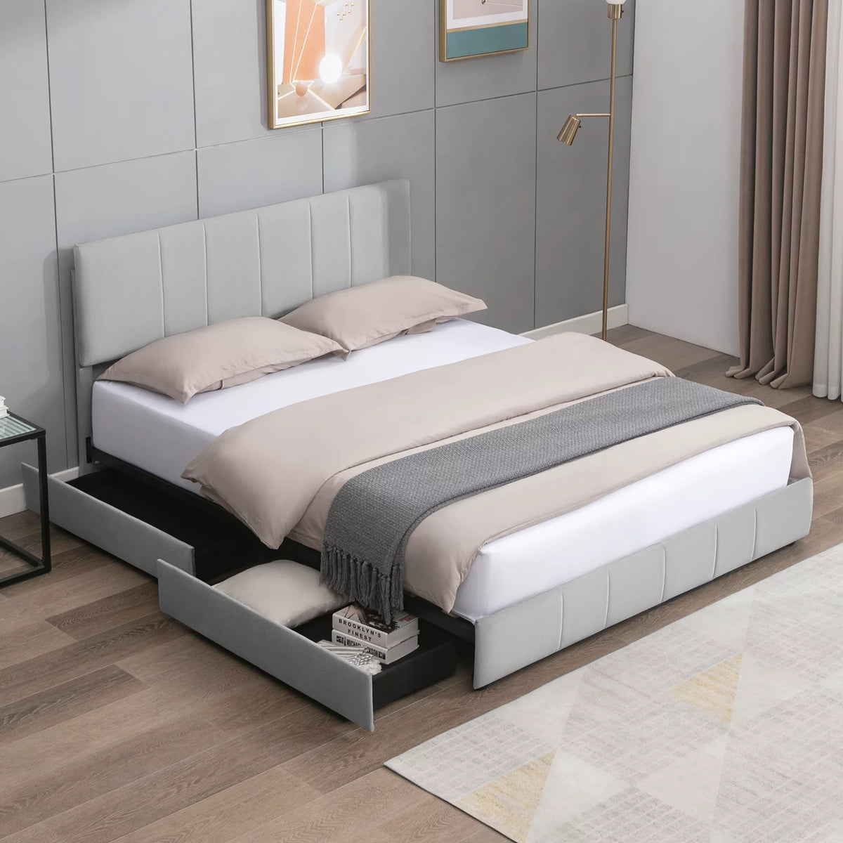King Size Platform Bed Frame with 4 Storage Drawers and Adjustable Headboard K406048