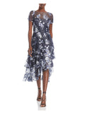 Navy Embroidered Zippered Ruffled Glitter Mesh Floral Short Sleeve Midi Cocktail Dress R768