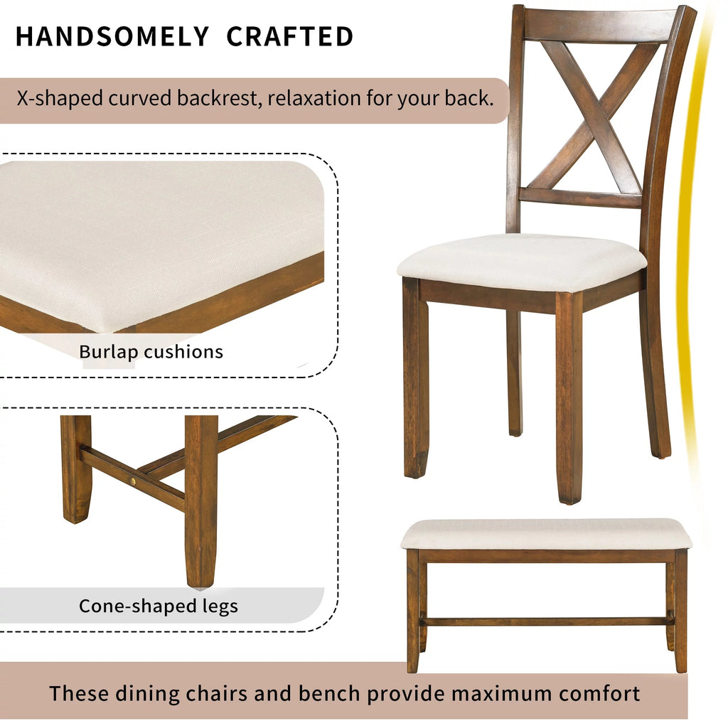 6-Piece Wooden Rectangular Dining Table Set with 4 Fabric Chairs and Bench W866699