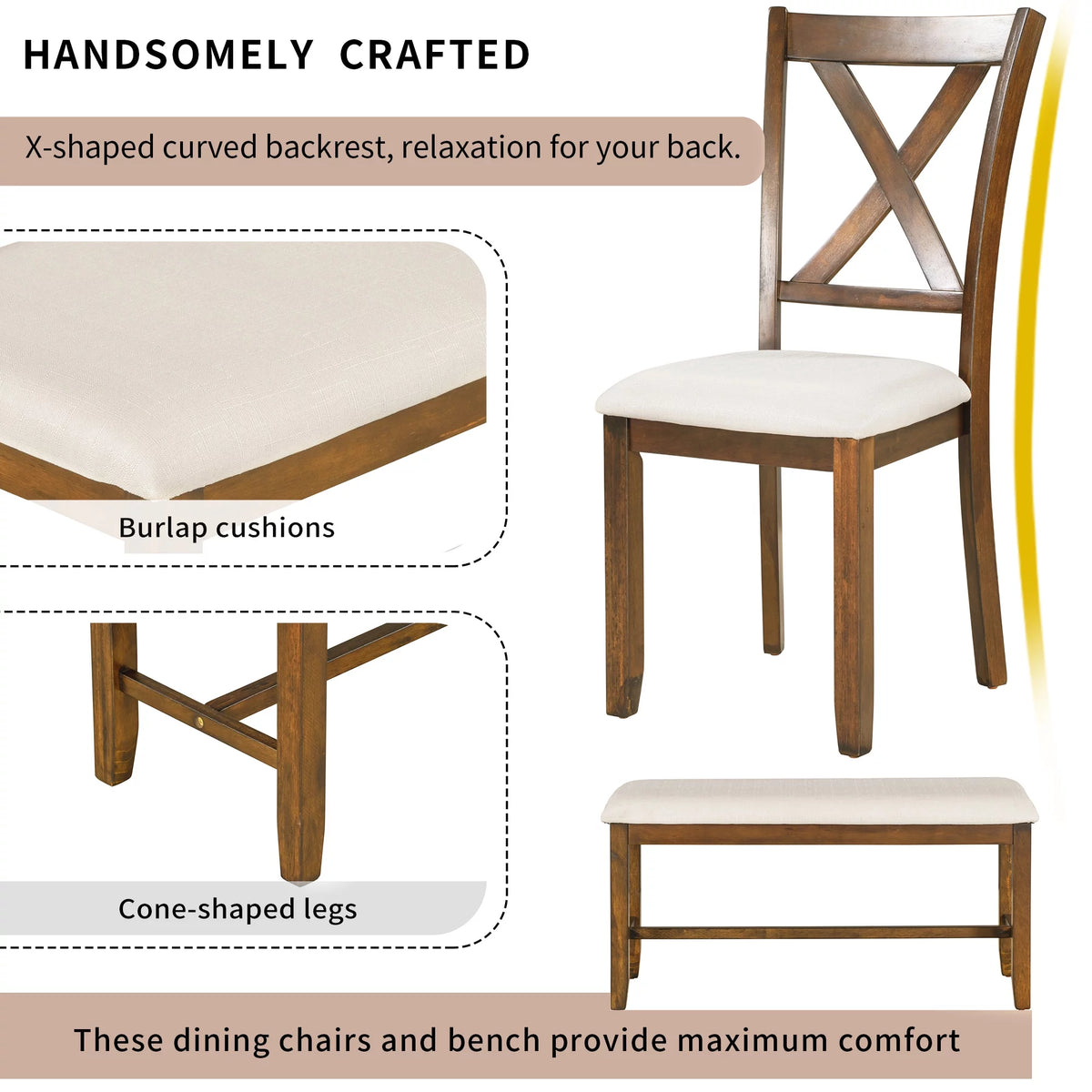 6-Piece Wooden Rectangular Dining Table Set with 4 Fabric Chairs and Bench W866699