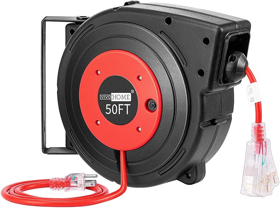 50 Feet Retractable Extension Cord Reel with Swivel Bracket and LED Light Connector K55258