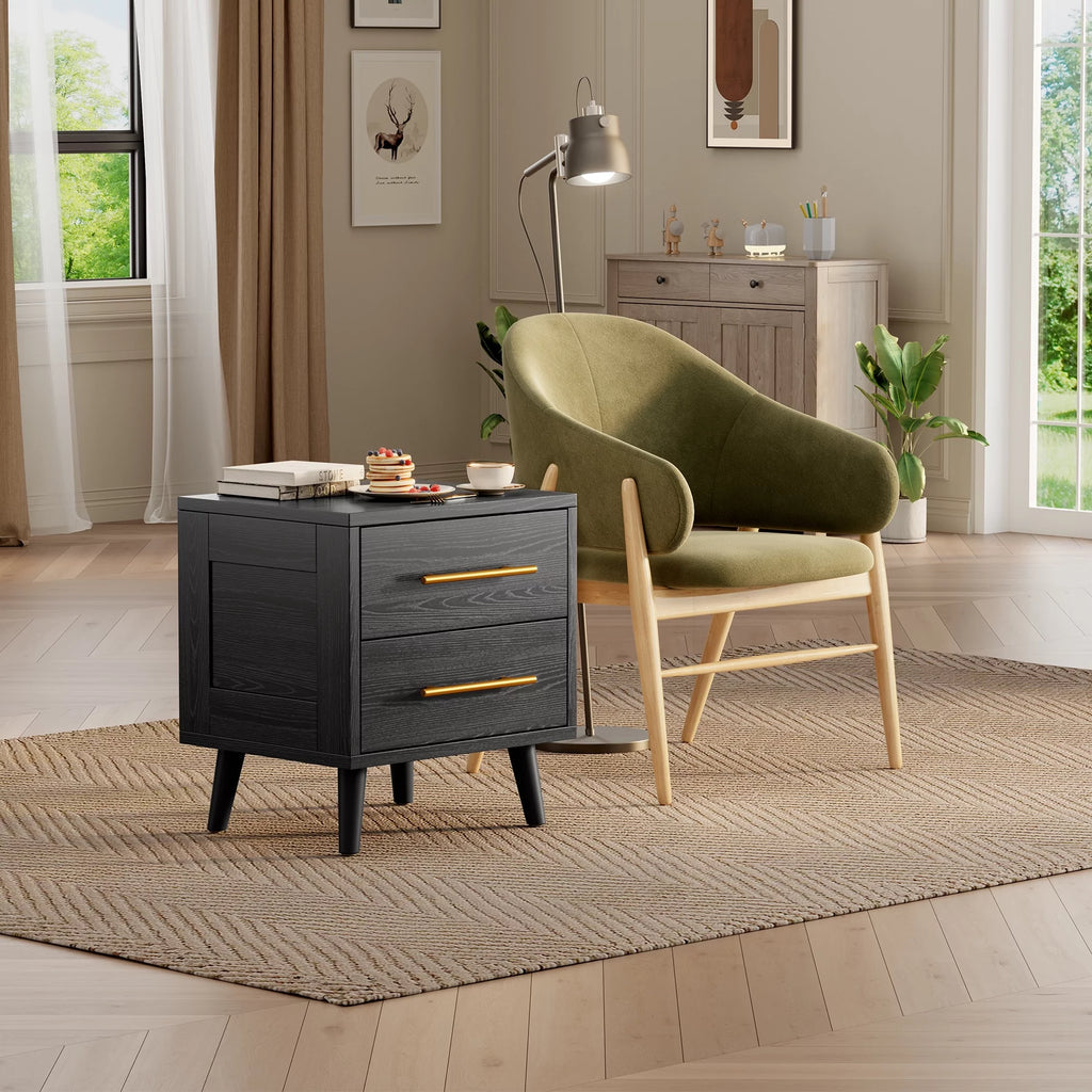 Black 2 Drawer Wood Nightstand L436