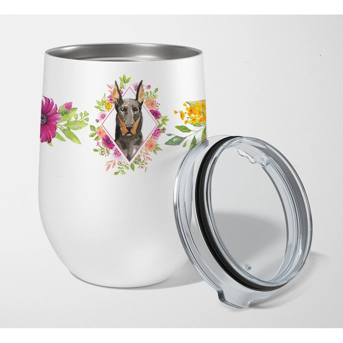 Doberman Pinsher Pink Flowers Stainless Steel 12 oz Stemless Wine Glass S915