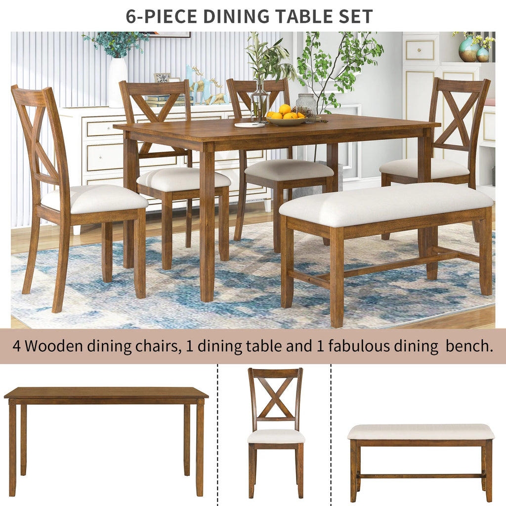 6-Piece Wooden Rectangular Dining Table Set with 4 Fabric Chairs and Bench W866699