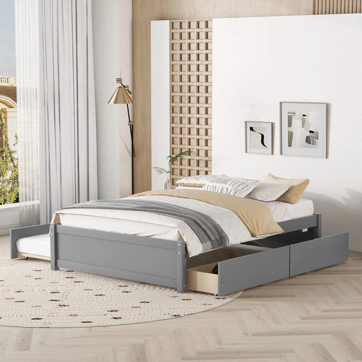 Beige Queen Size Upholstered Platform Bed Frame with Wooden Slats W627893