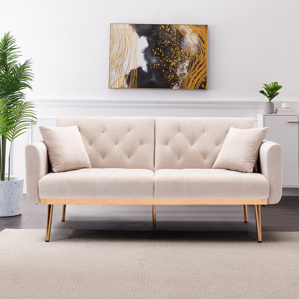 Beige Velvet Futon Sofa Bed with Two Pillows Z773