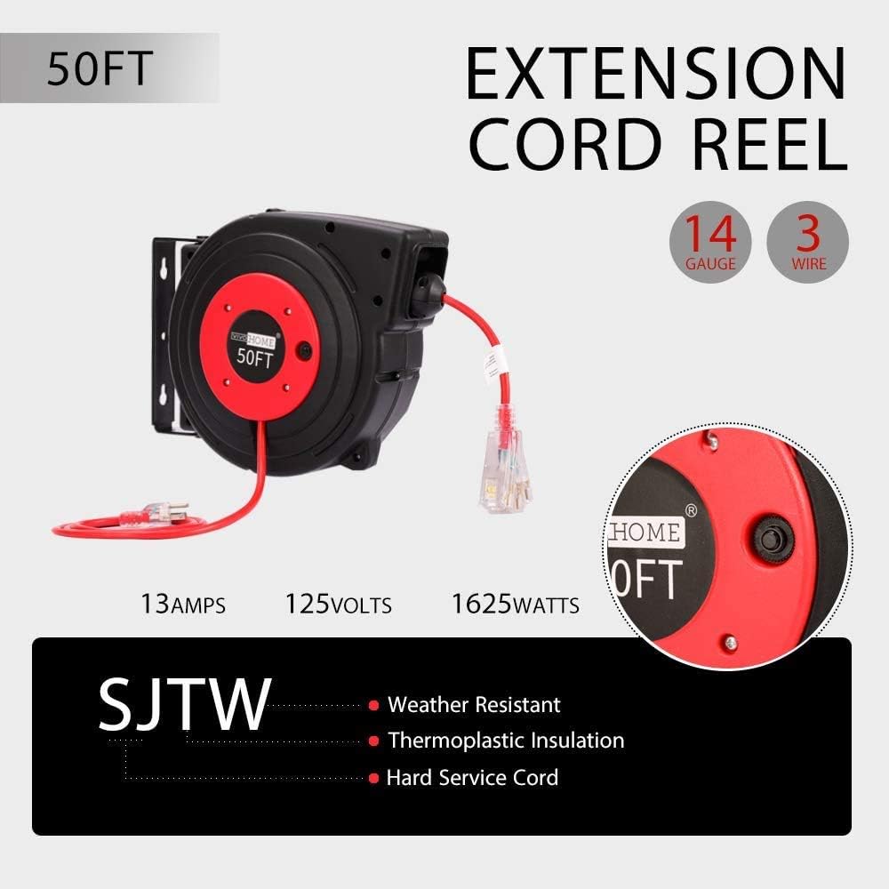 50 Feet Retractable Extension Cord Reel with Swivel Bracket and LED Light Connector K55258