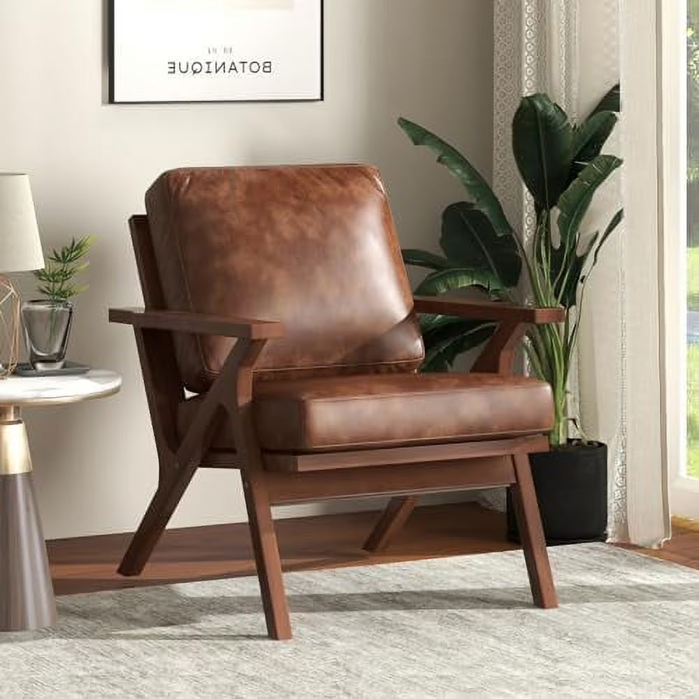 Brown Faux Leather Accent Chair with Wooden Frame F144693
