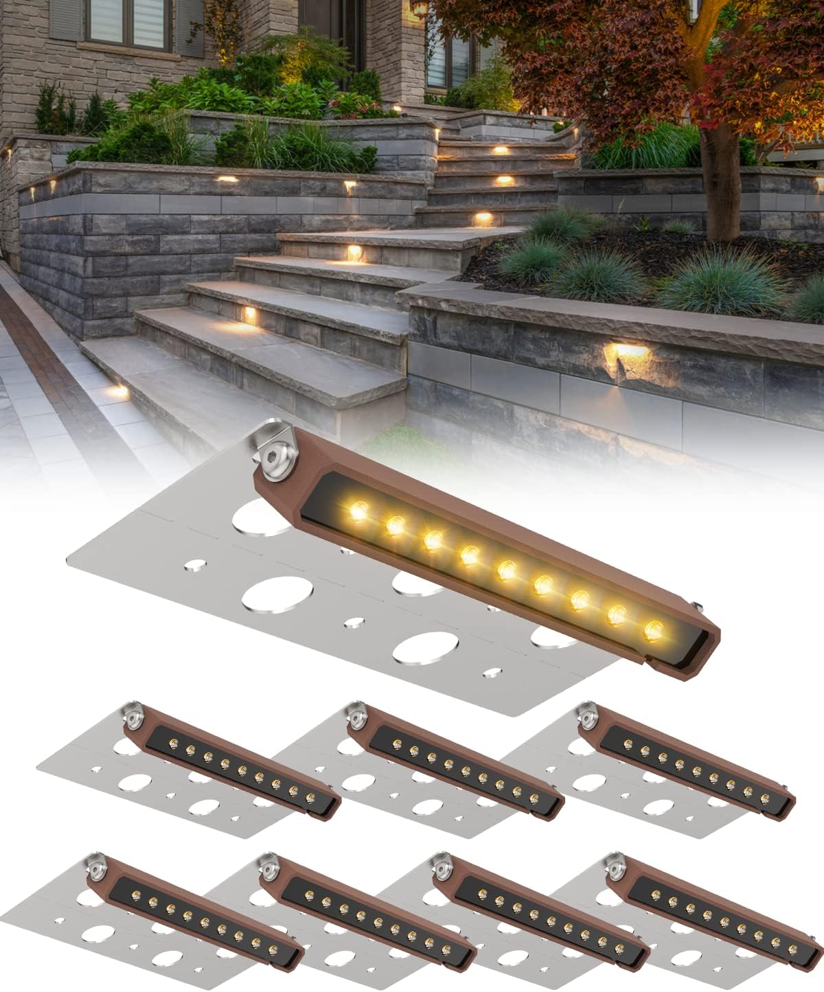 8-Pack 7 Inch LED Hardscape Lighting, IP68 Waterproof, Low Voltage 12-36V AC/DC Landscape Lighting, 2700K Warm White I320009