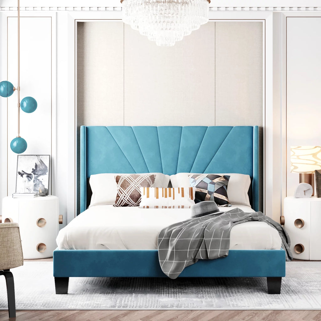 Queen Velvet Upholstered Platform Bed Frame with Headboard P665595