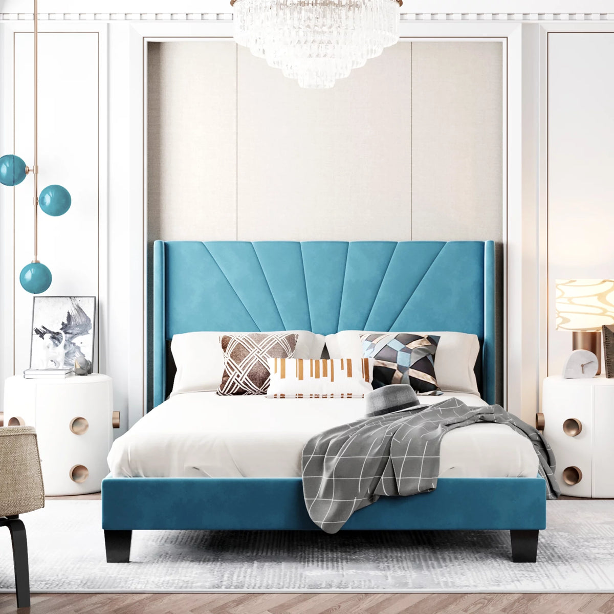 Queen Velvet Upholstered Platform Bed Frame with Headboard P665595