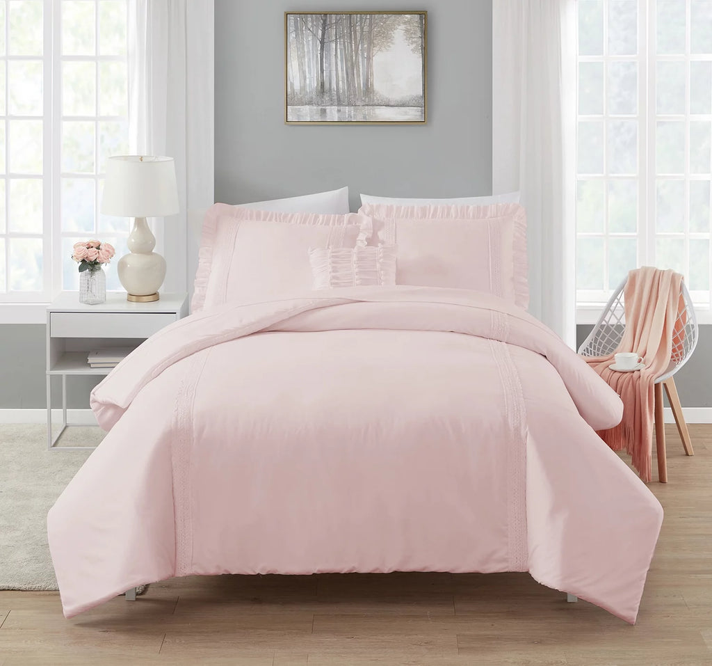 Pink Crochet Stripe 4-Piece Microfiber Comforter Set U963996