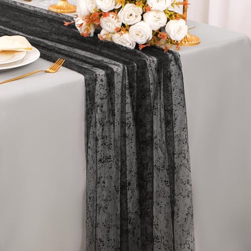 10 Pcs Black & Gold Sheer Chiffon Table Runner 120 Inch Z53515