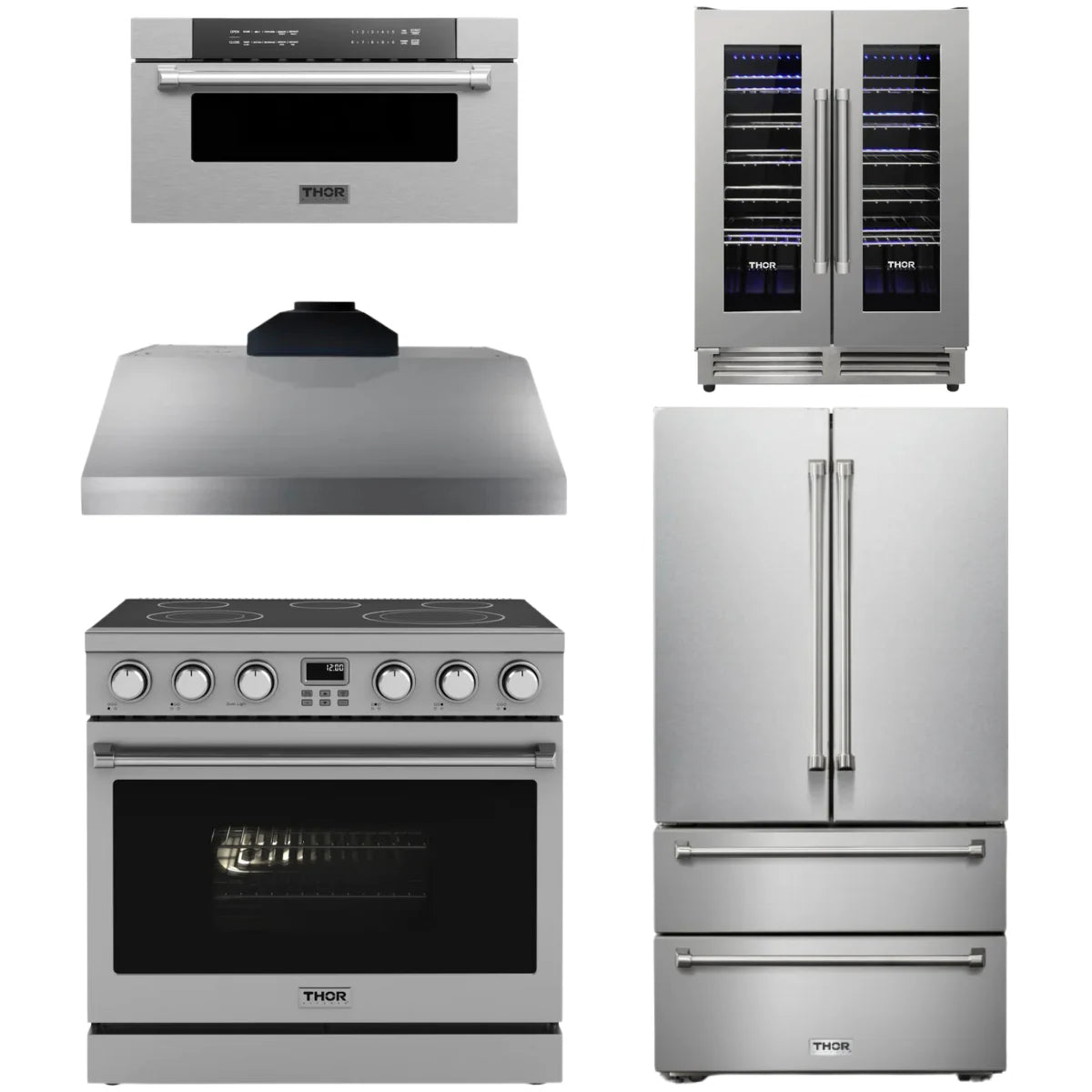 36 Electric Range, Range Hood, Refrigerator, Microwave and Wine Cooler O54449