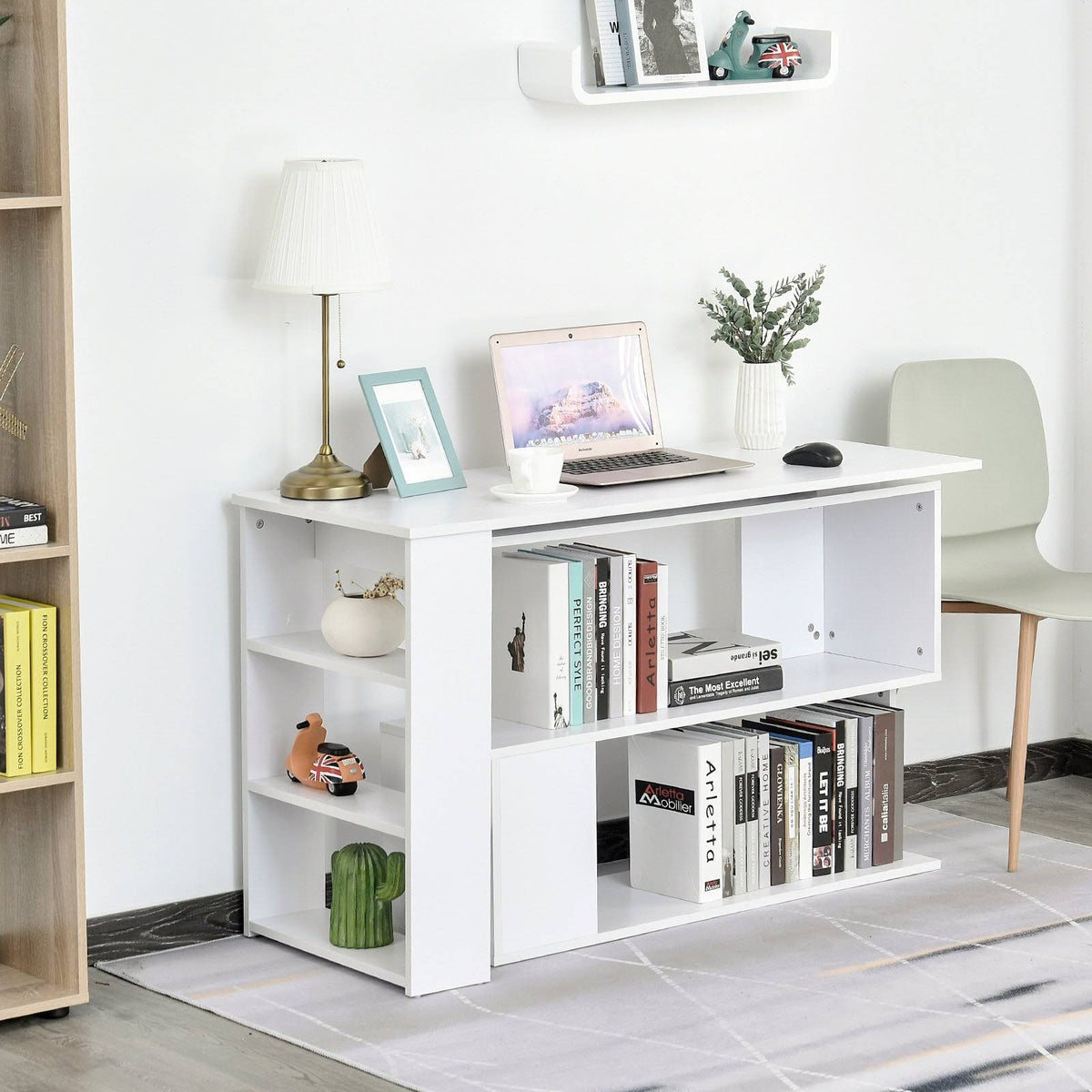 360 Rotating L Shaped Corner Desk with Bookshelves F692828
