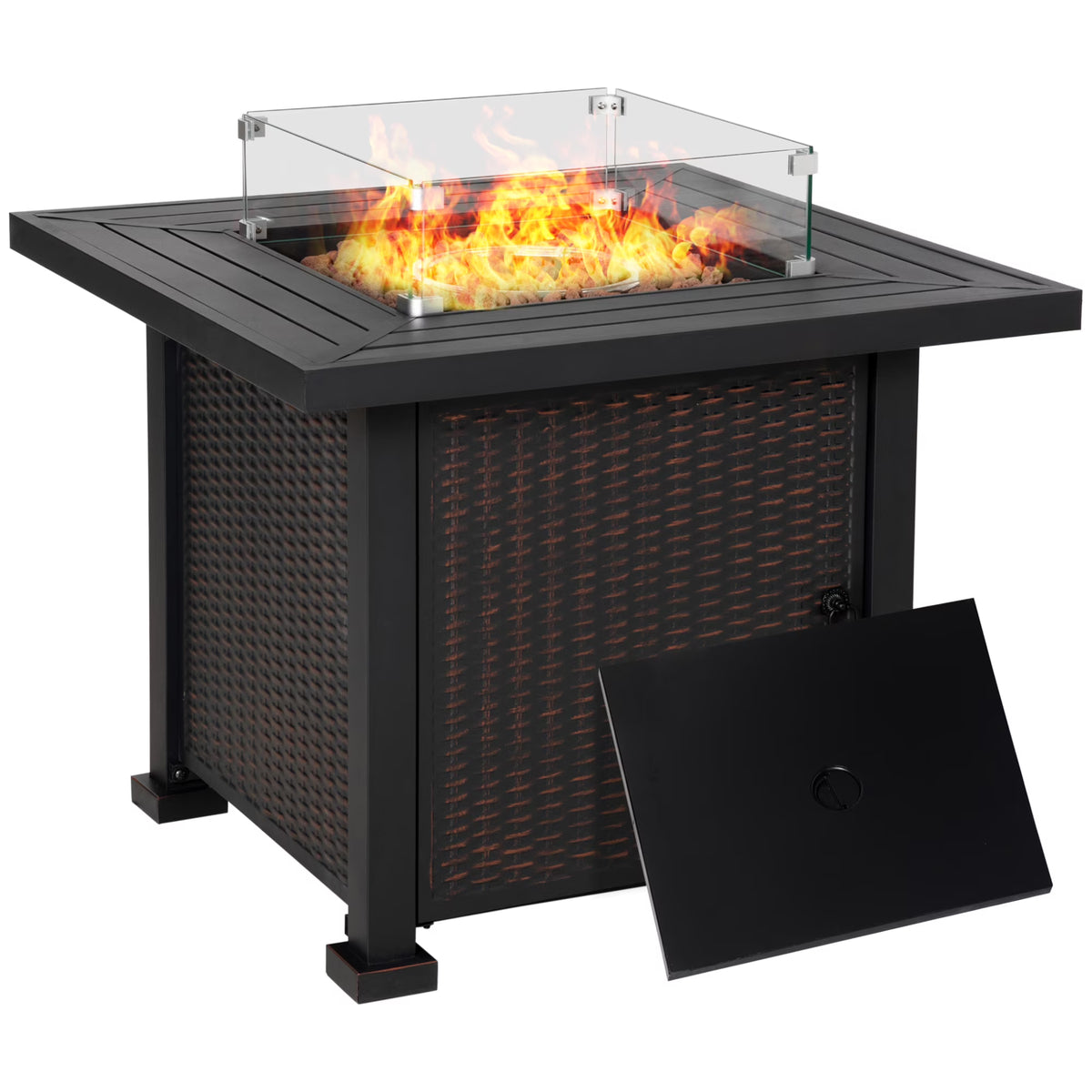 34 Inch Outdoor Propane Gas Fire Pit Table with Glass Wind Guard, Lid, Lava Rocks, Steel Base R24425