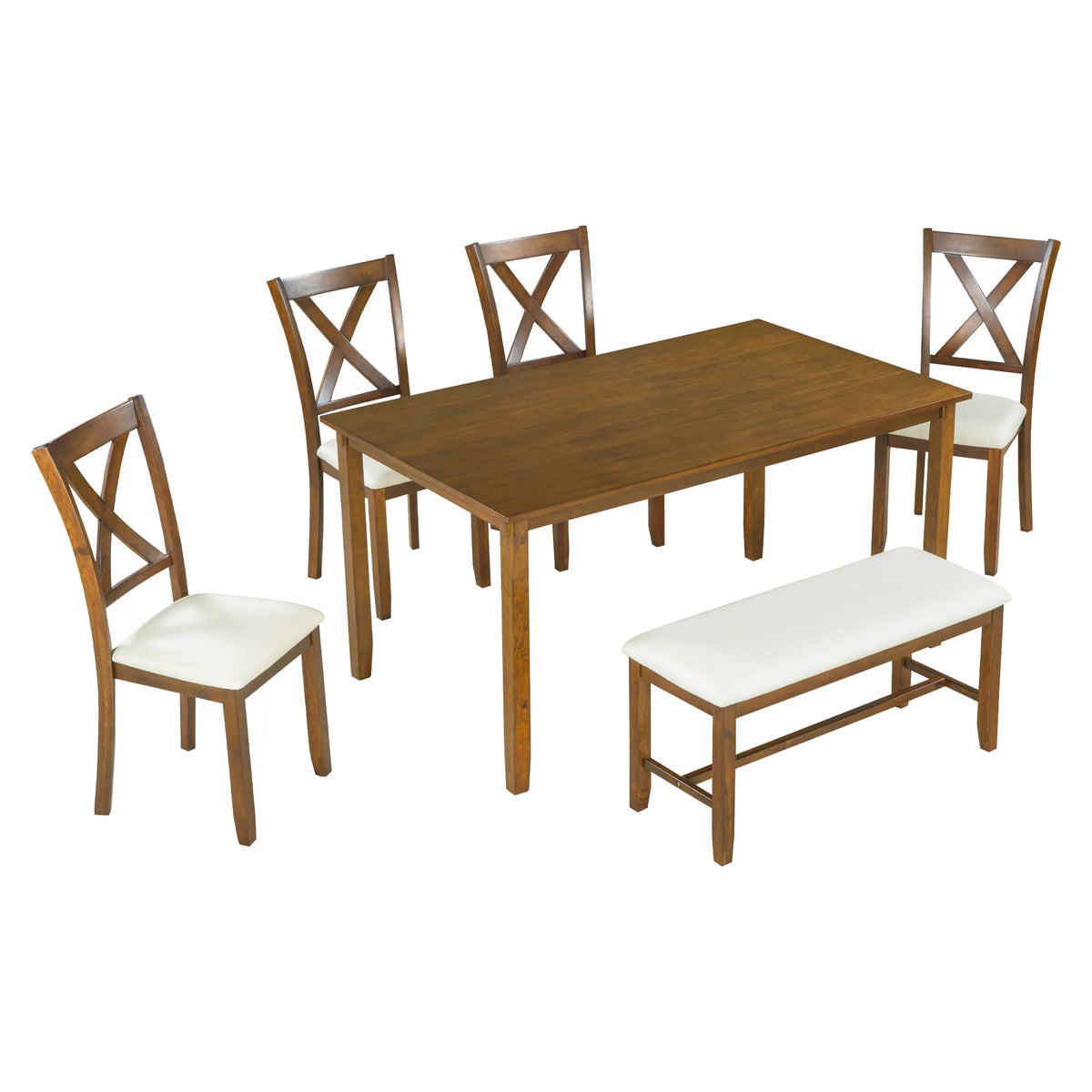 6-Piece Wooden Rectangular Dining Table Set with 4 Fabric Chairs and Bench W866699
