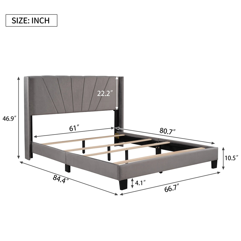 Queen Velvet Upholstered Platform Bed Frame with Headboard P665595